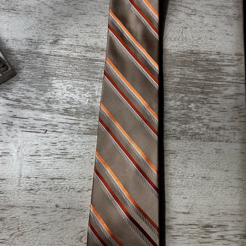 Michael Kors Striped Tie Taupe Orange Modern Necktie tie silk authentic - Picture 6 of 8